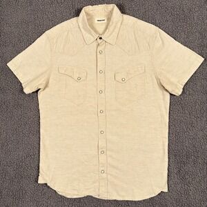 Taylor Stitch Mens 40 Pearl Snap Western Shirt Short Sleeve Cream Cotton Linen